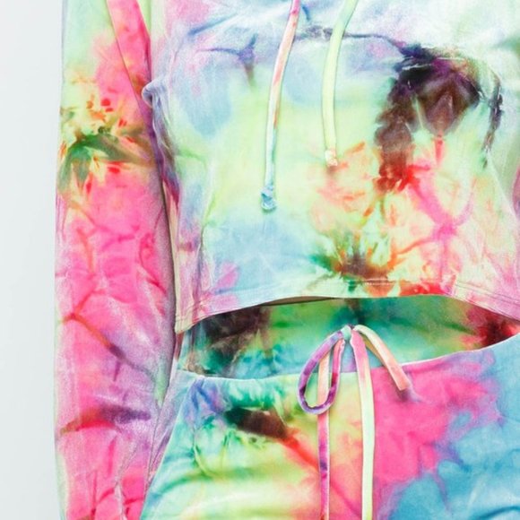 Women's Tie Dye Long Sleeve Crop Hoodie Elastic Waist Leggings -2 Piece Set - Picture 7 of 7